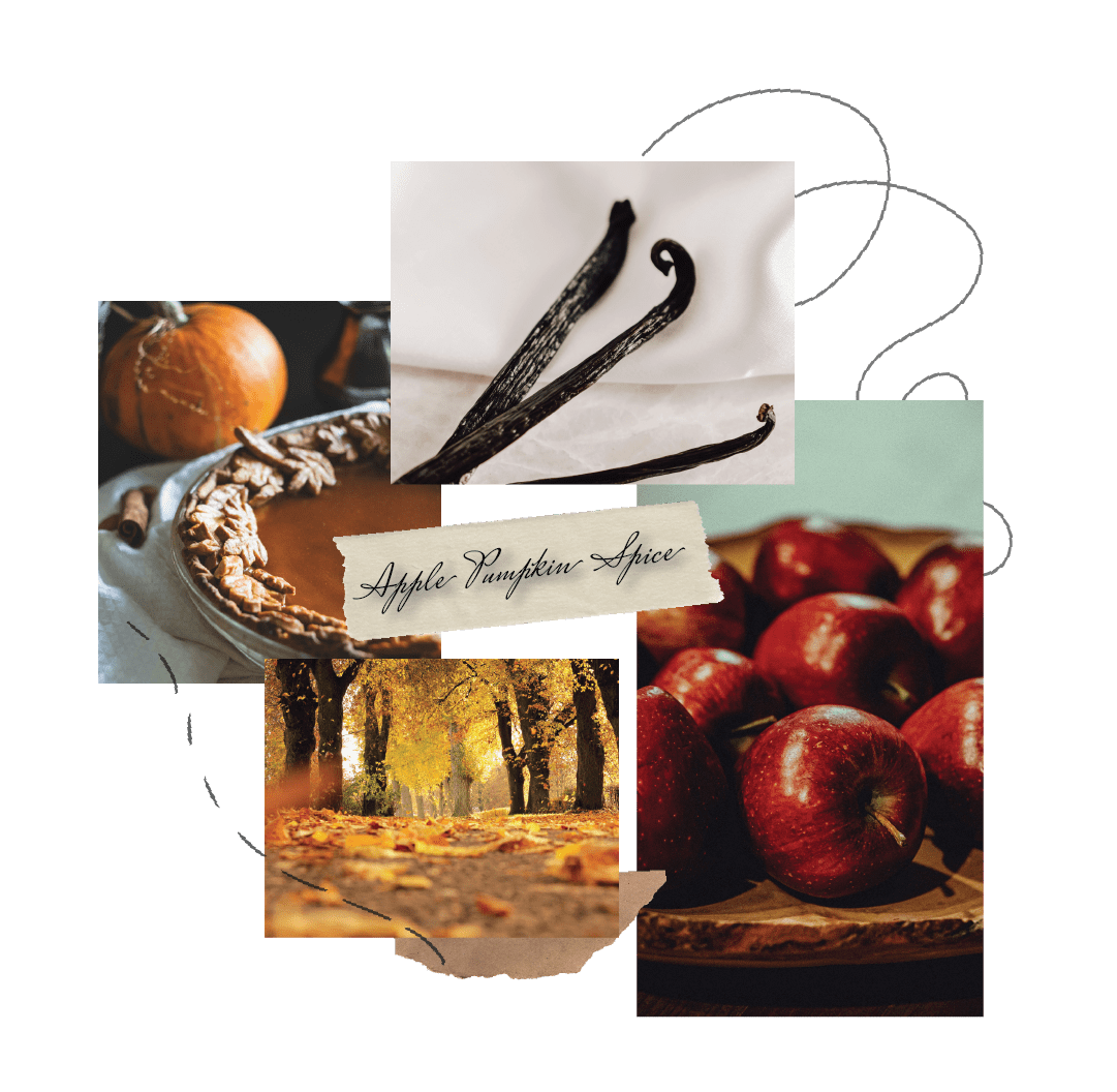 Inspiration for amber and gold glass bottle Apple Pumpkin Spice room spray from Rayven & Co. Candles featuring vanilla, pumpkin pie, dark red apples, and a fall landscape,