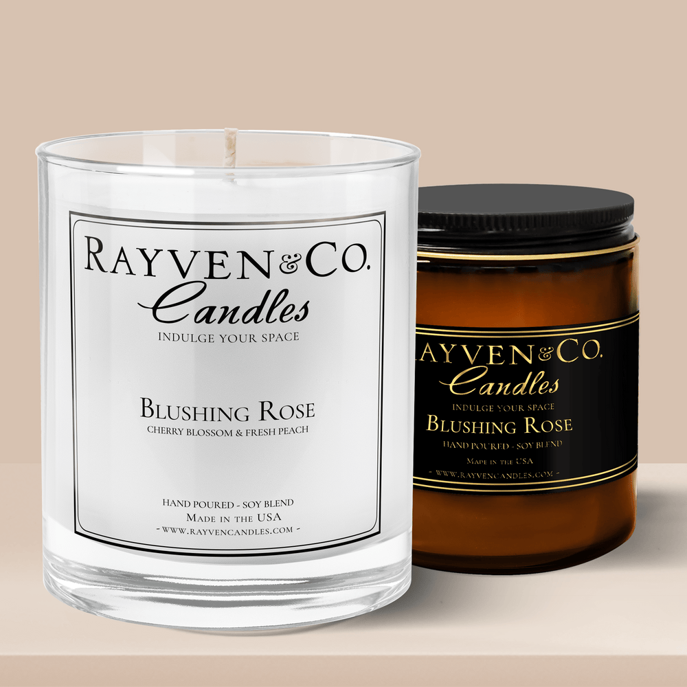 Blushing Rose Candle 11oz White Jar and Amber and Gold Jar. Light Rose candle scent